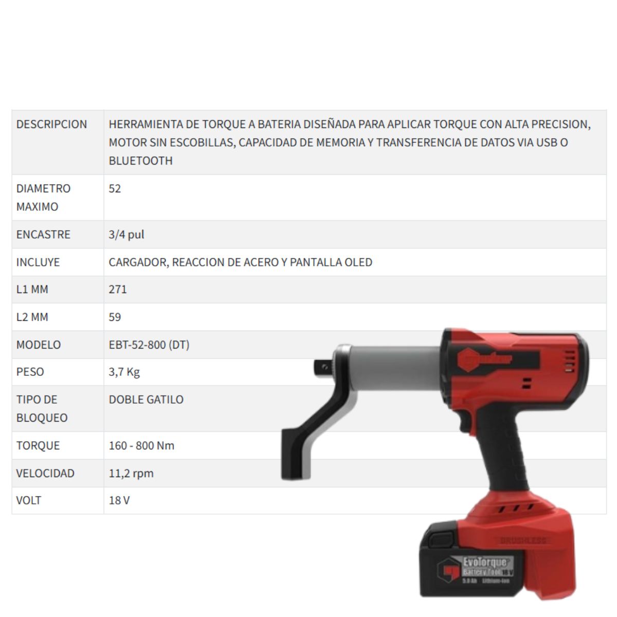 Evotorque a batería 3/4" 160-800 Nm Gatillo doble Norbar 180349