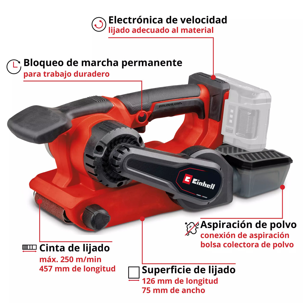 Lijadora de Banda Inalámbrica 18V - Einhell TP-BS 18/457 Li BL - Solo