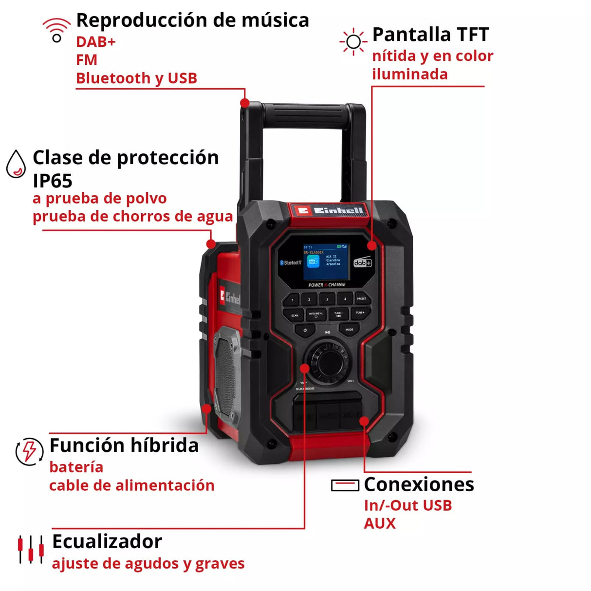Radio Inalámbrica Portátil TE-CR 18 Li DAB + FM / Bluetooth - Solo Einhell ficha tecnica
