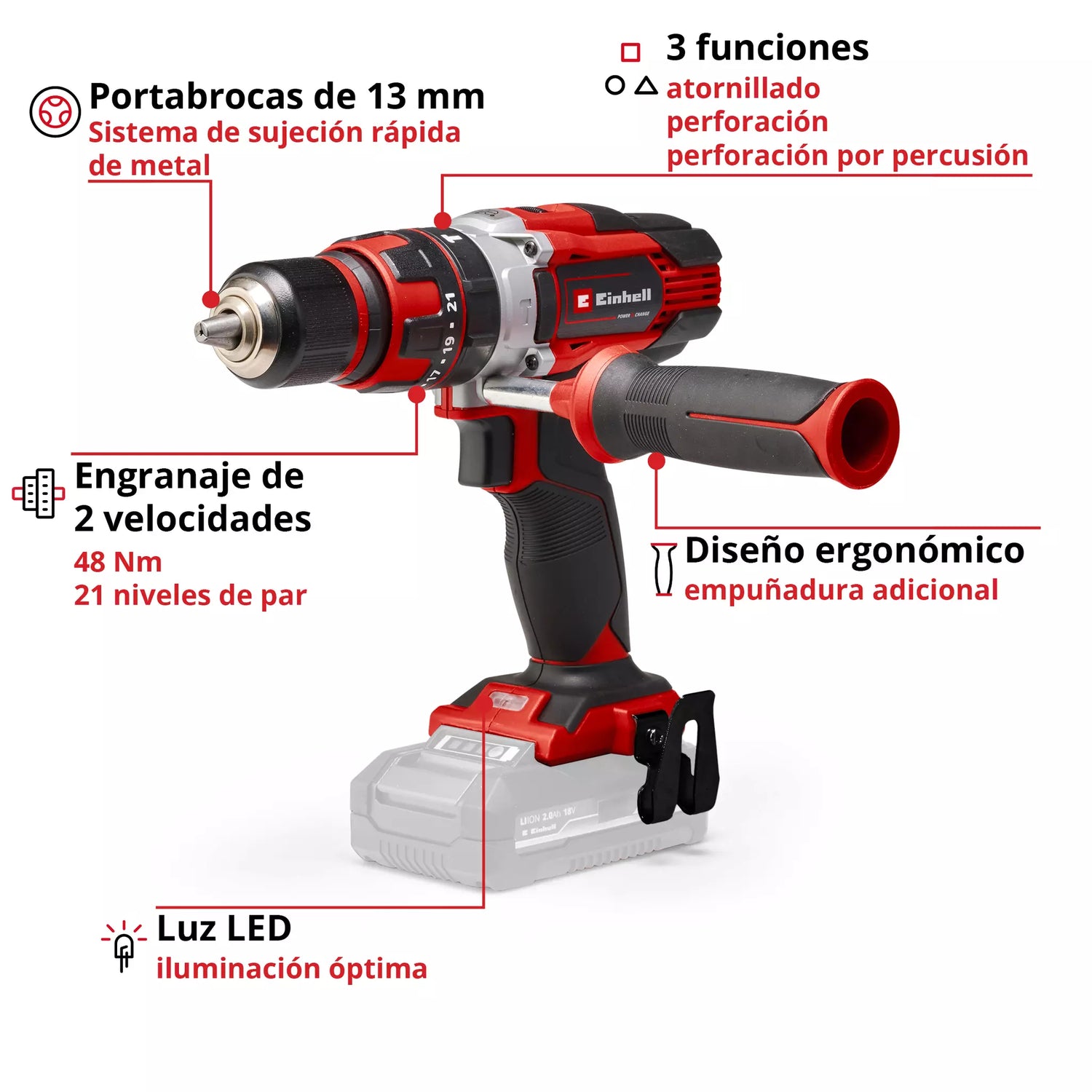 Taladro Atornillador Inalámb. 13 mm 18V Einhell  Te-Cd 18-48 Li Solo