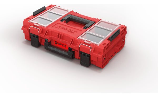 Caja organizadora negra cerrada con tapa superior y cierres laterales de seguridad