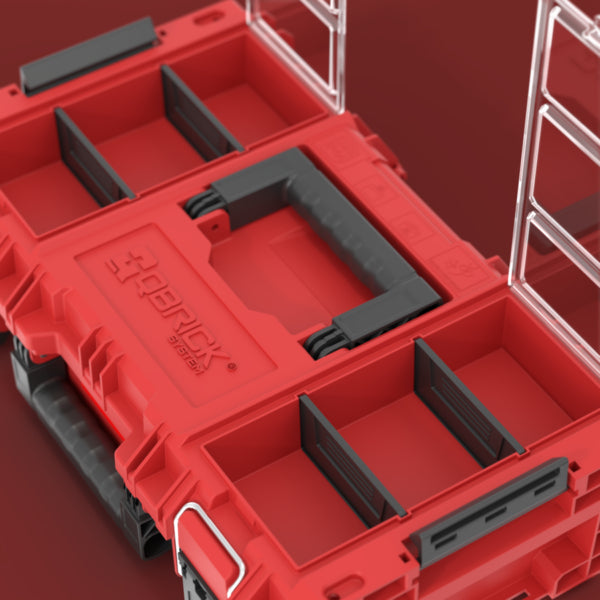 Vista lateral de la caja mostrando sistema modular y cierres de seguridad