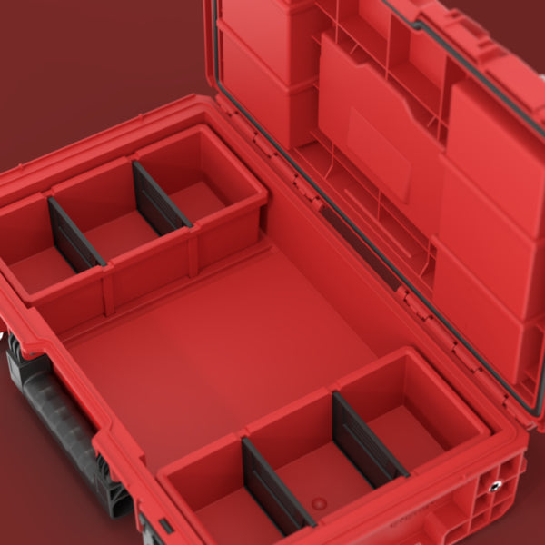 Detalle de los divisores ajustables en la tapa organizadora de la caja