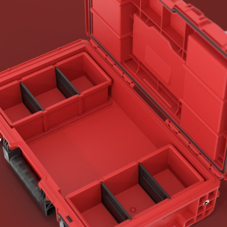 Detalle de los divisores ajustables en la tapa organizadora de la caja