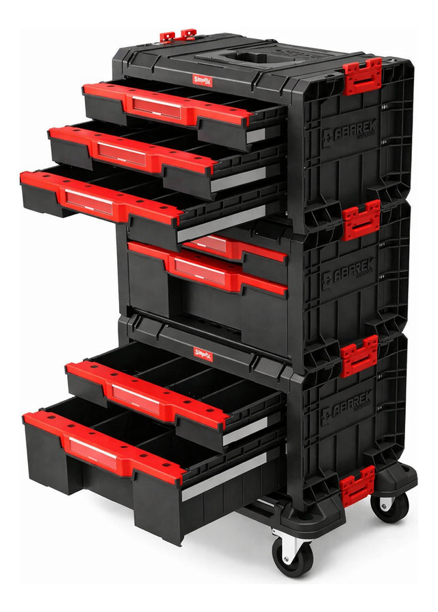 Caja de herramientas móvil Qbrick Pro Modular con 7 cajones, vista completa con ruedas