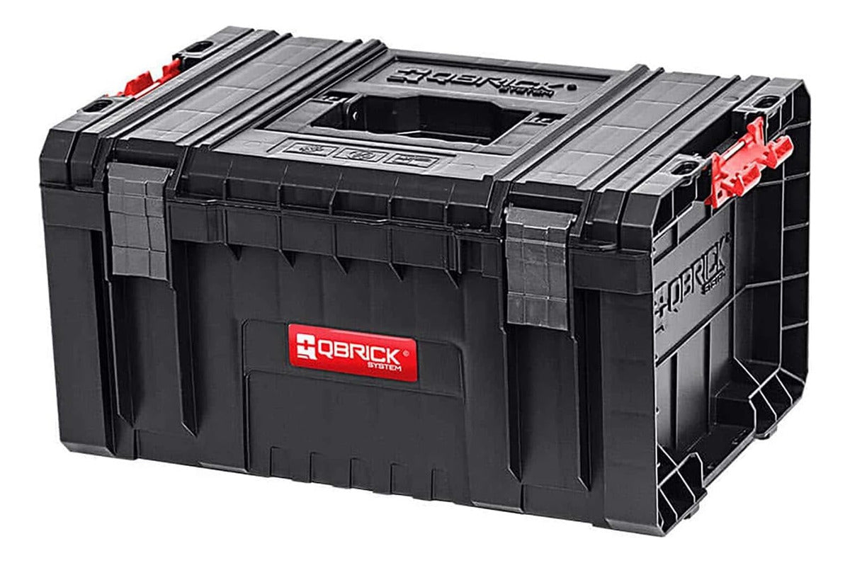 Caja Qbrick Pro abierta mostrando 5 organizadores internos con compartimentos