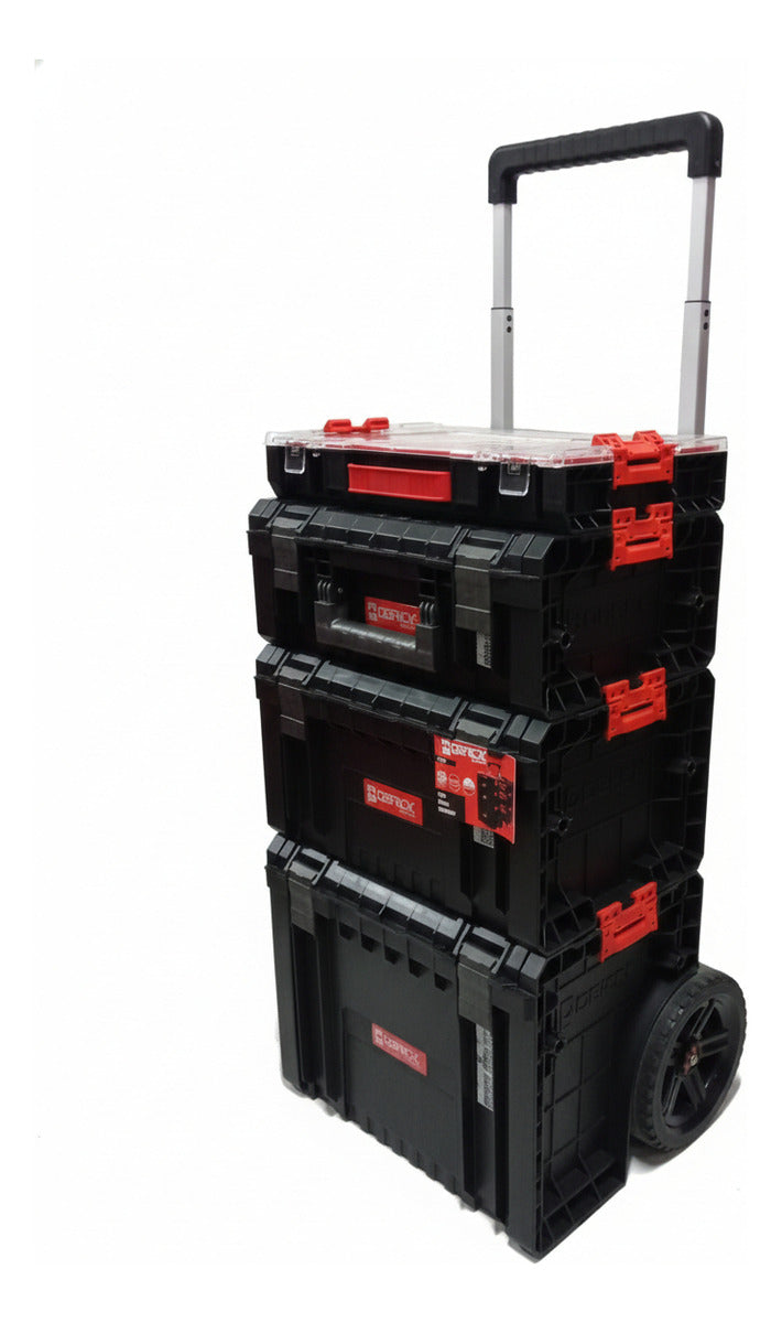 Detalle de las cajas organizadoras apiladas mostrando cierres de seguridad y compatibilidad modular