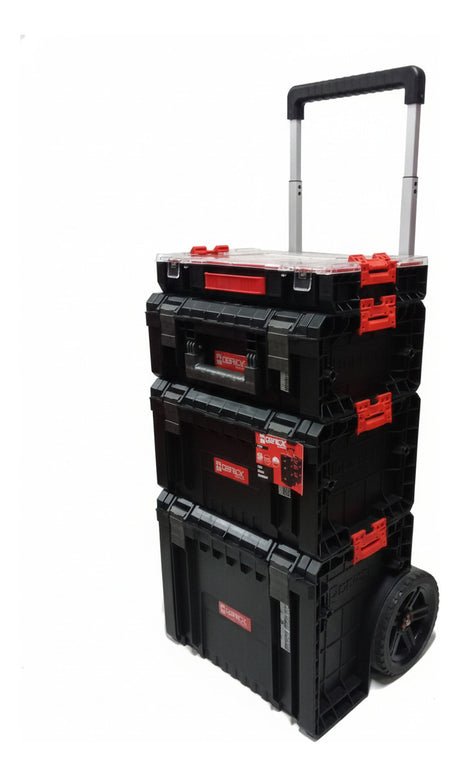 Detalle de las cajas organizadoras apiladas mostrando cierres de seguridad y compatibilidad modular