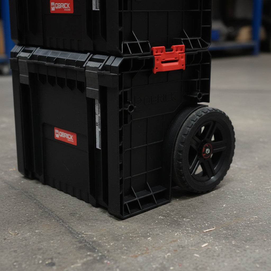 Vista frontal completa del carro con las cuatro piezas apiladas y asa de transporte