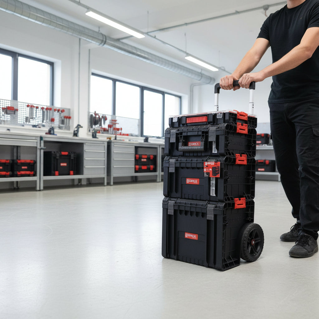 Conjunto completo de cuatro cajas organizadoras modulares sobre carro con ruedas en posición de transporte