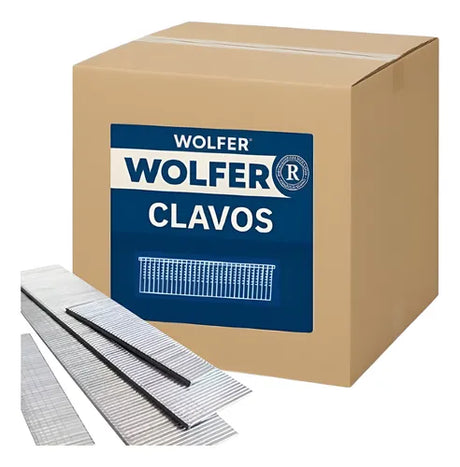 Clavos Wolfer 10mm para clavadoras neumáticas, ideales para carpintería y estructuras de madera.