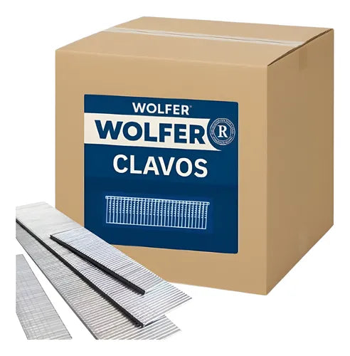 Clavos Wolfer 10mm para clavadoras neumáticas, ideales para carpintería y estructuras de madera.