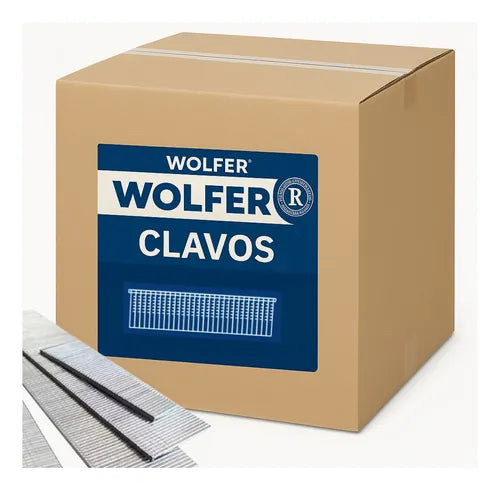 Clavos Wolfer 40mm para clavadoras neumáticas, ideales para carpintería y estructuras de madera.