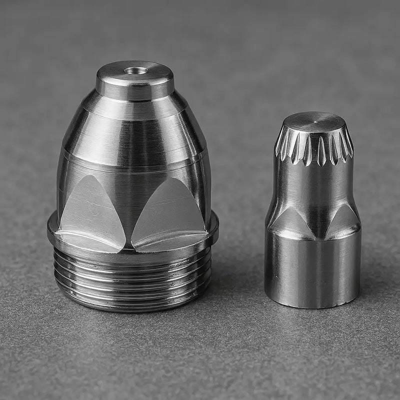 Colección de consumibles para corte por plasma, incluye electrodos, boquillas y protectores de distintas medidas.