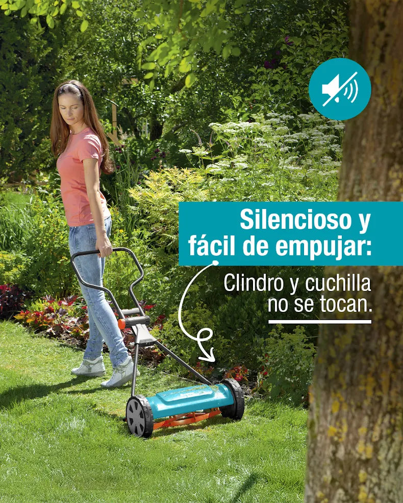 Cortadora de césped manual Gardena con ruedas grandes para mejor agarre y mango desmontable