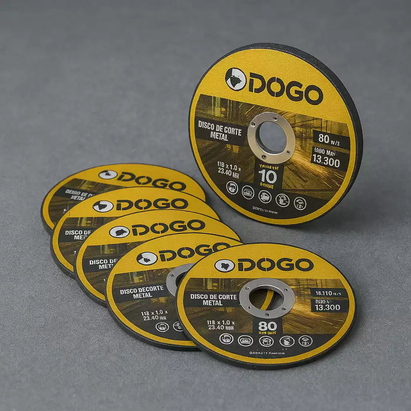 Colección de discos de corte para amoladoras, incluye modelos para metal, acero inoxidable y otros materiales.