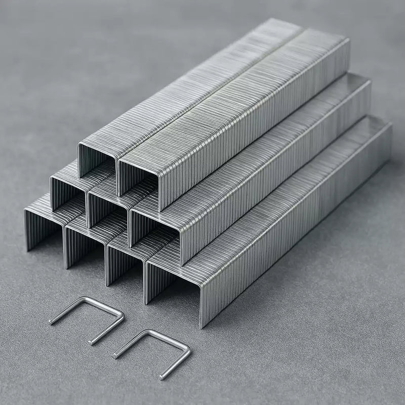 Colección de grampas y clavos para clavadoras neumáticas, ideal para fijaciones precisas en madera y otros materiales.