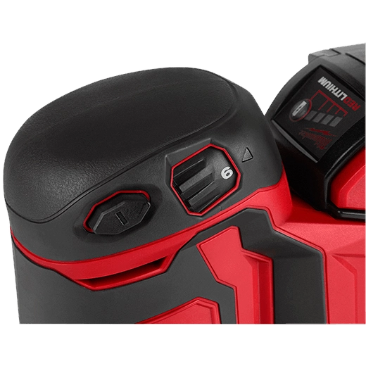 Controles y botones de la lijadora orbital Milwaukee M18 para ajuste de velocidad