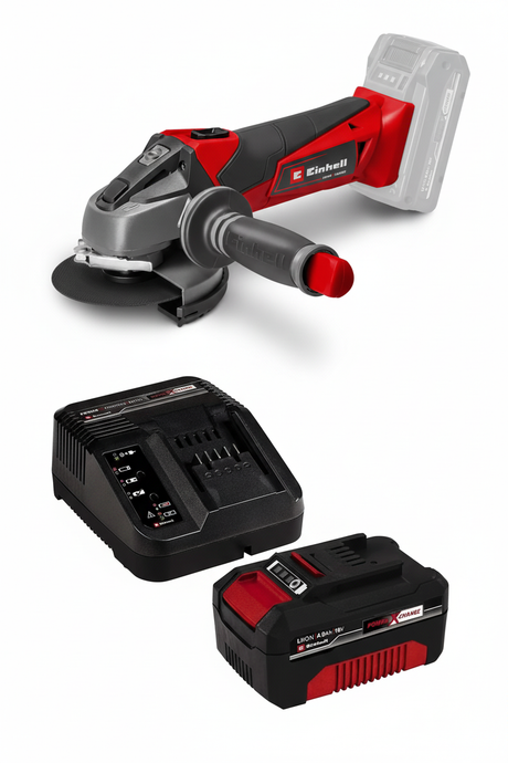 Imagen combinada de amoladora Einhell con batería y cargador