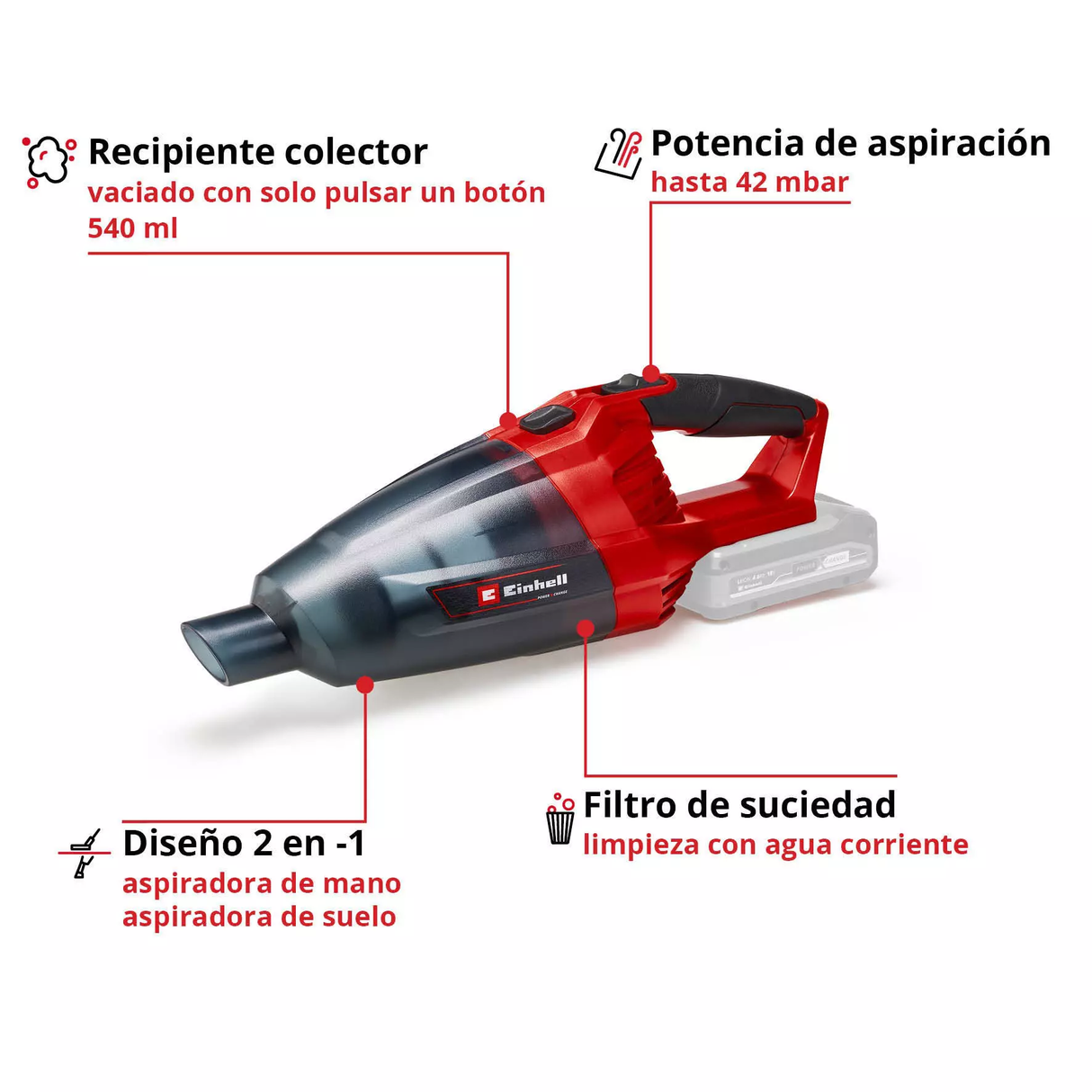 Aspiradora A Batería TE-VC 18 Li Solo + Batería 4 Ah + Cargador 3A de EINHELL