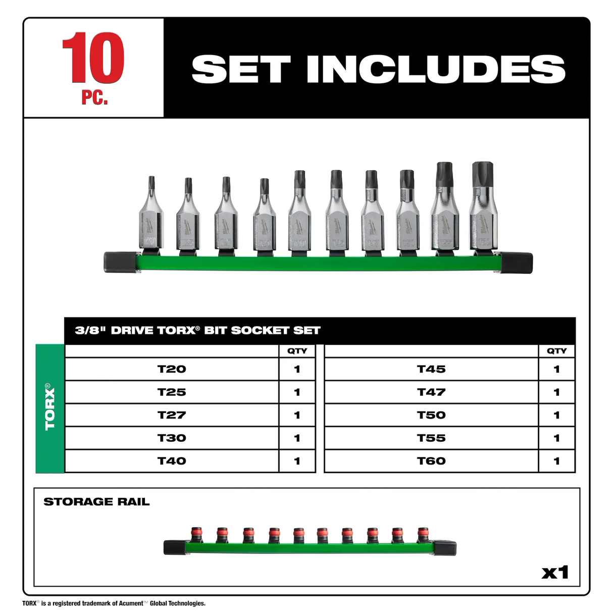 Set 10 Bocallaves de T20-T60 Punta Torx 3/8'' Milwaukee 4822-9531