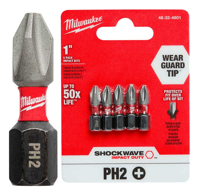 5 Puntas Cortas Imantadas Impacto PH2 25mm 1/4'' Milwaukee 4832-4601