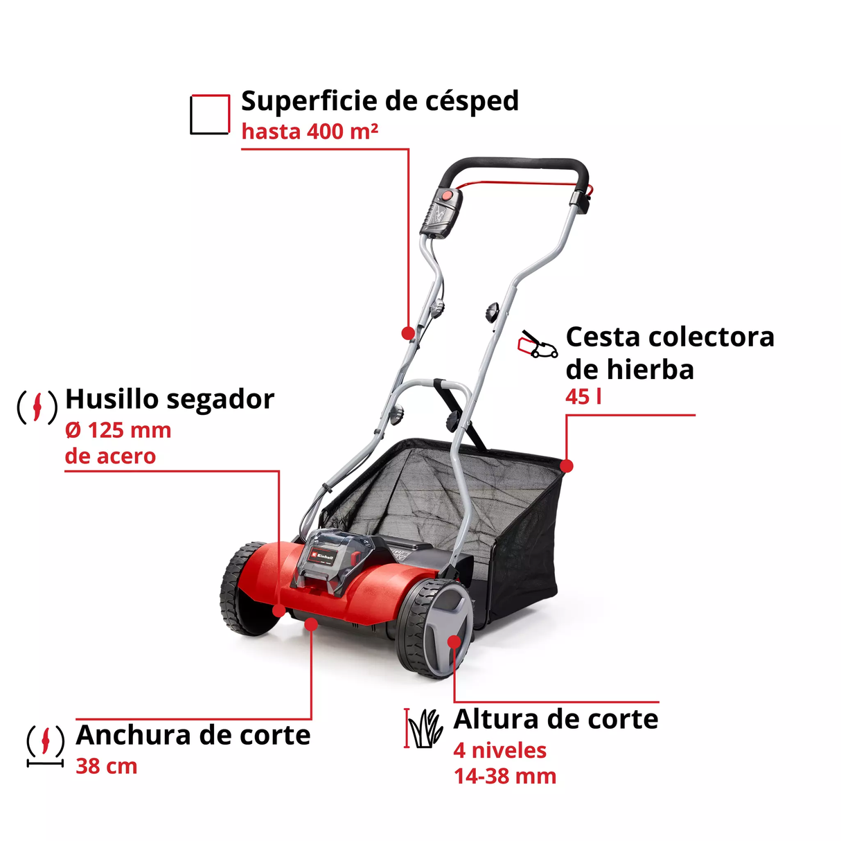 Cortacésped Helicoidal Inalám 400m2 45L Einhell GE-HM 18/38 Li SOLO