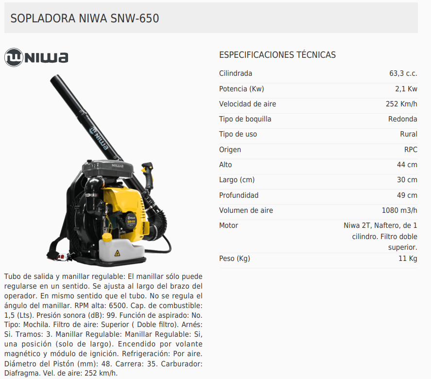 Sopladora a Explosión 2T 63,3cc Tipo Mochila de 1080 m3/h Niwa SNW-650