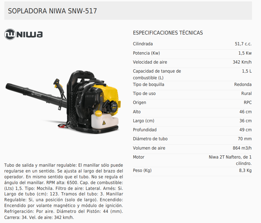 Sopladora a Explosión 2T 51,7cc Tipo Mochila de 864 m3/h Niwa SNW-517