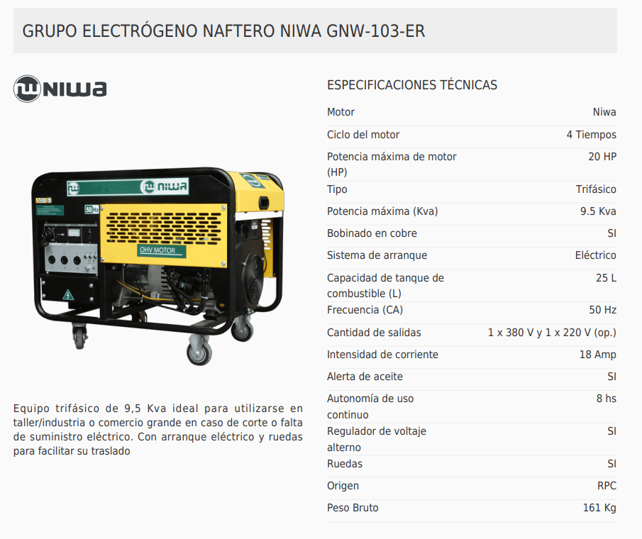 Grupo Electrógeno 10 Kva Naftero Niwa Niwa Gnw-103-er