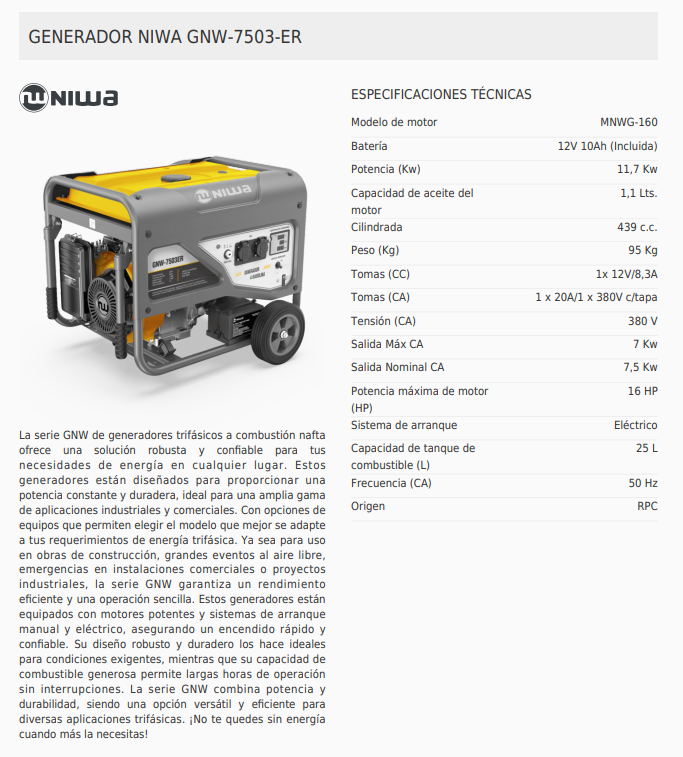 Generador  439 cc 25 lts Niwa GNW-7503-ER
