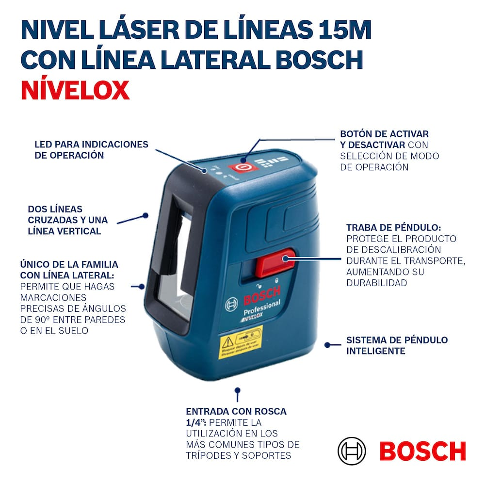 Combo Nivel Láser ROJO 15m Tres líneas c/Maletín + Trípode Bosch NIVELOX GLL 3