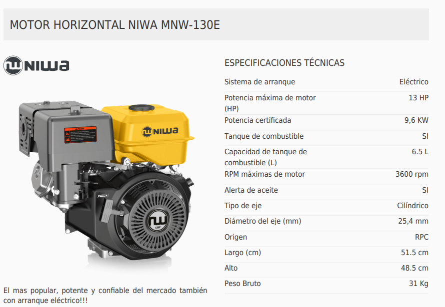 Motor Horizontal Naftero 13 HP Eje 1'' Arranque ELÉCTRICO 390cc NIWA MNW-130E