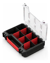 Organizador Qbrick abierto mostrando compartimentos para tornillos y accesorios