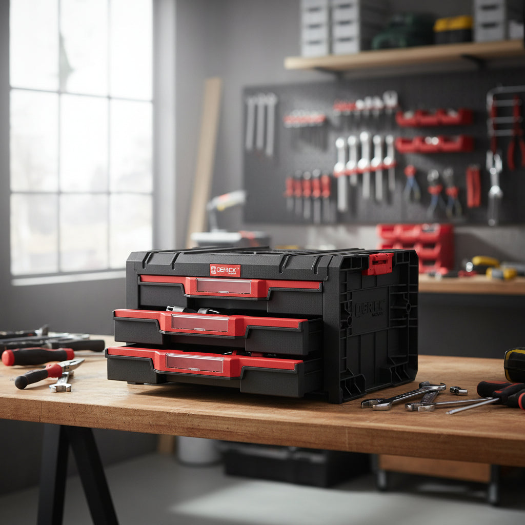 Caja Qbrick Pro Drawer 3 con cajones abiertos mostrando sistema de organización