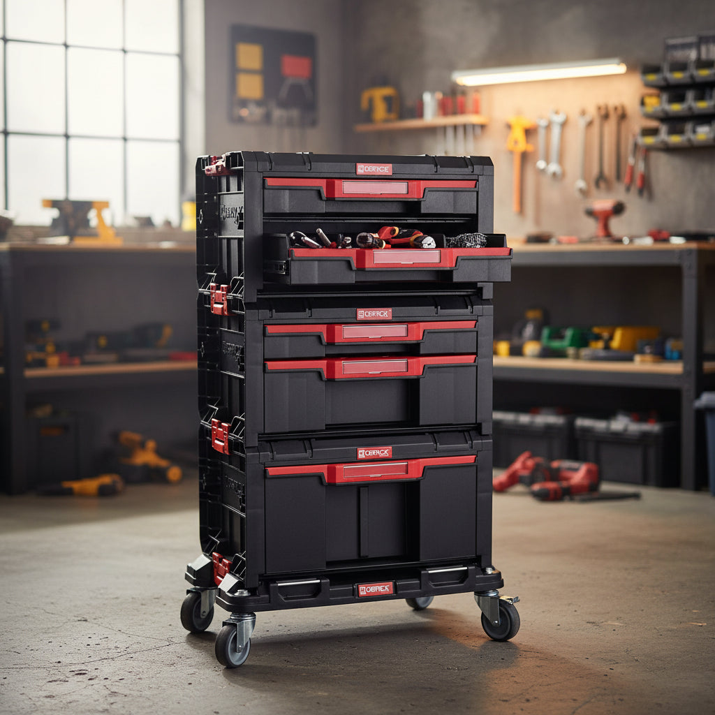 Detalle de cajones superiores del sistema Qbrick Pro Modular con divisores organizadores