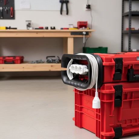 Acceso fácil a tomas eléctricas con soporte Qbrick en caja de herramientas