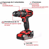 Taladro Einhell TE-CD 18/44 Li-I - Vista lateral mostrando empuñadura ergonómica