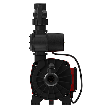 Vista trasera de la bomba, destacando las conexiones de entrada y salida de agua.