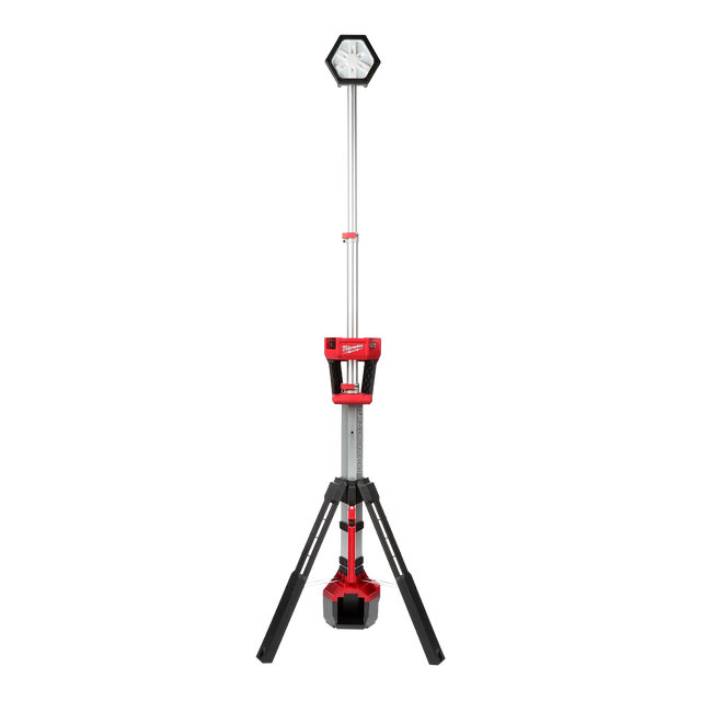 Torre de iluminación LED telescópica Milwaukee M18 ROCKET 2130-059 con trípode extensible y cabezal rotativo para trabajo profesional
