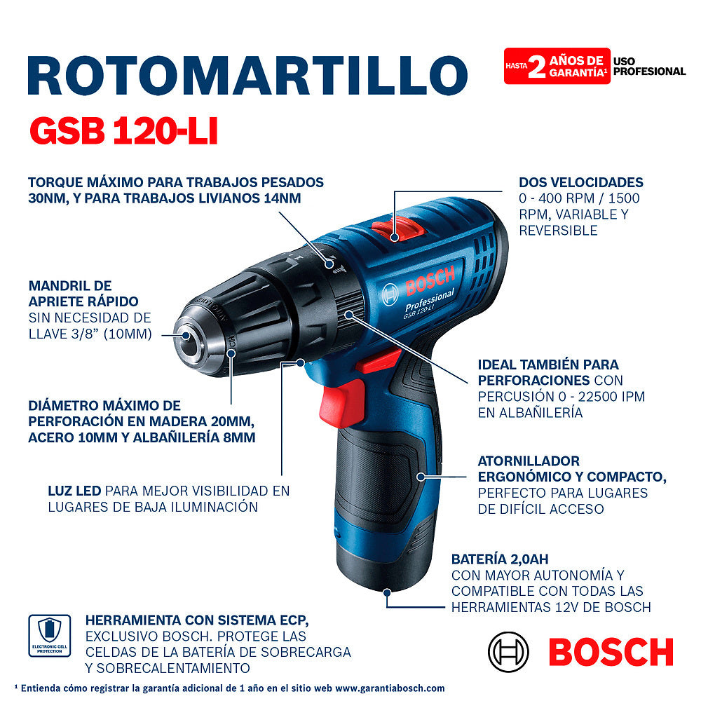 Taladro percutor atorn. inalámbrico Bosch GSB 120-LI 12V