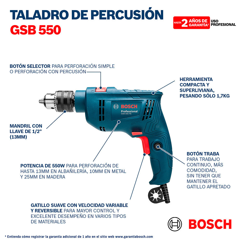 Taladro percutor Bosch GSB 550 RE 550W 220V