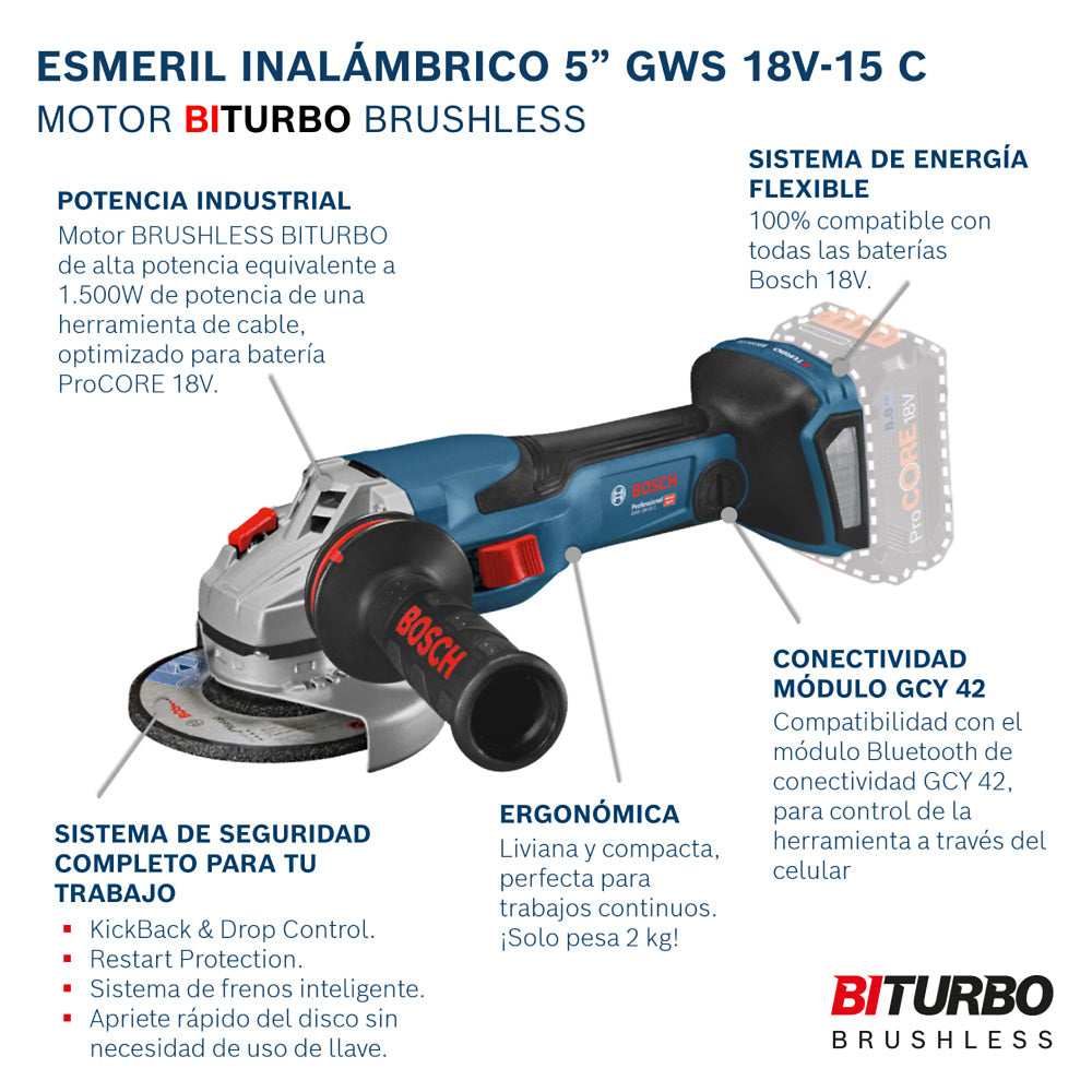 Amoladora angular inalámbrica 5" Bosch GWS 18V-15 C 18V SB