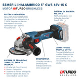 Amoladora angular inalámbrica 5" Bosch GWS 18V-15 C 18V SB