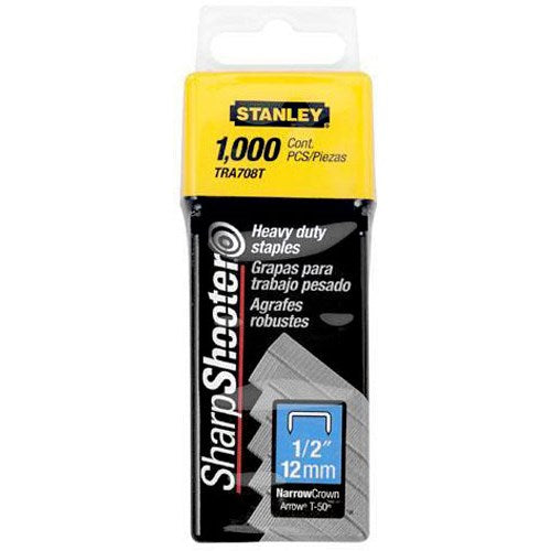 Grapas Stanley para trabajos pesados, 1/2" 12 mm, 1000 unidades, corona angosta, compatibles con engrampadora TR 250.